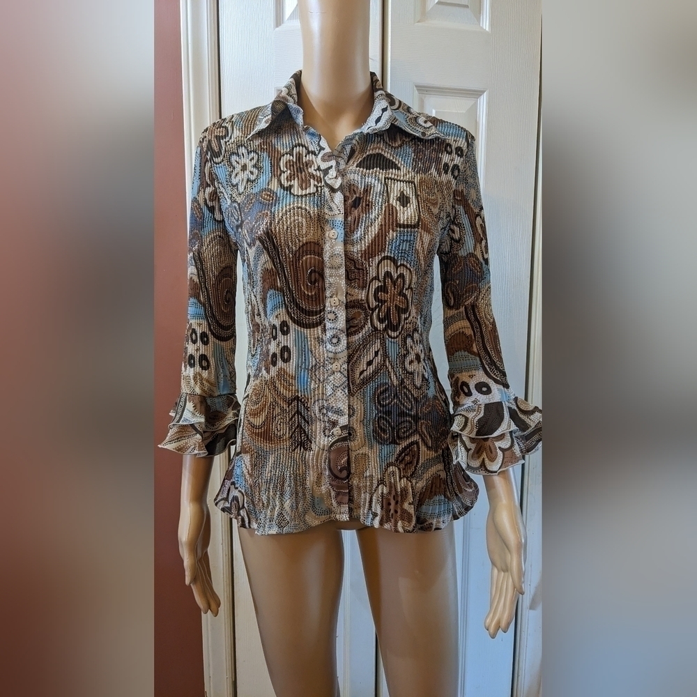 Pre-owned Cato 3/4 sleeve ruffle button-down shirt with collar size small, TC